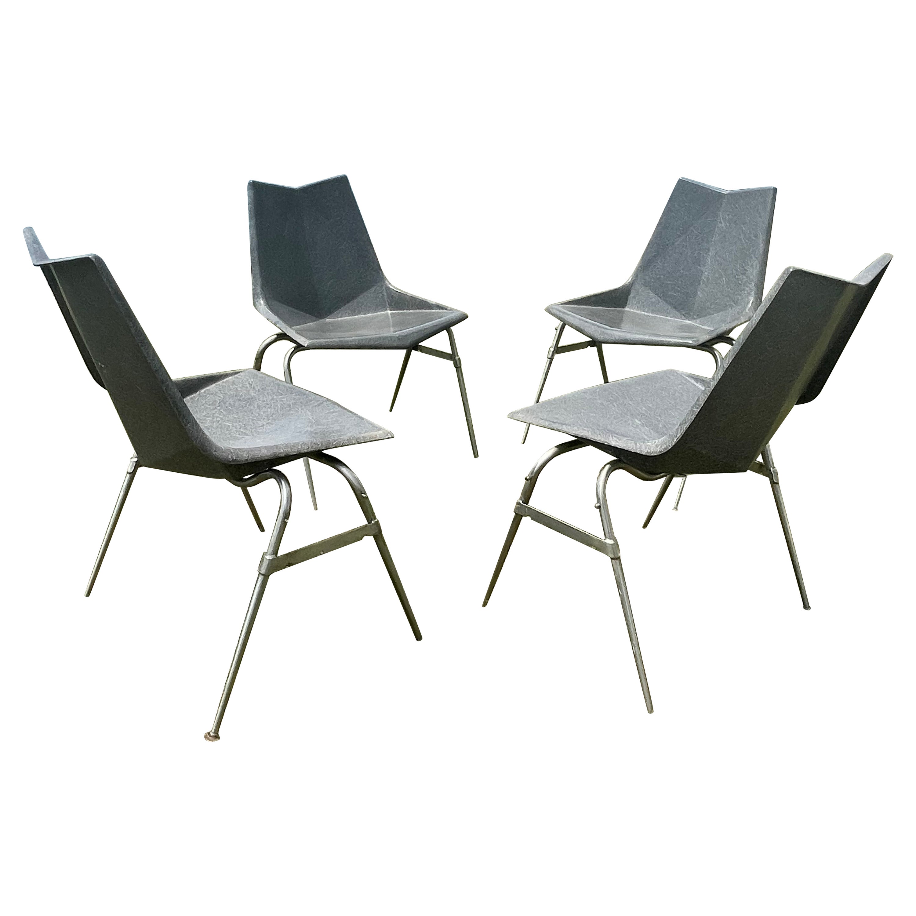 Paul McCobb ensemble de quatre chaises Origami grises en fibre de verre vintage en vente