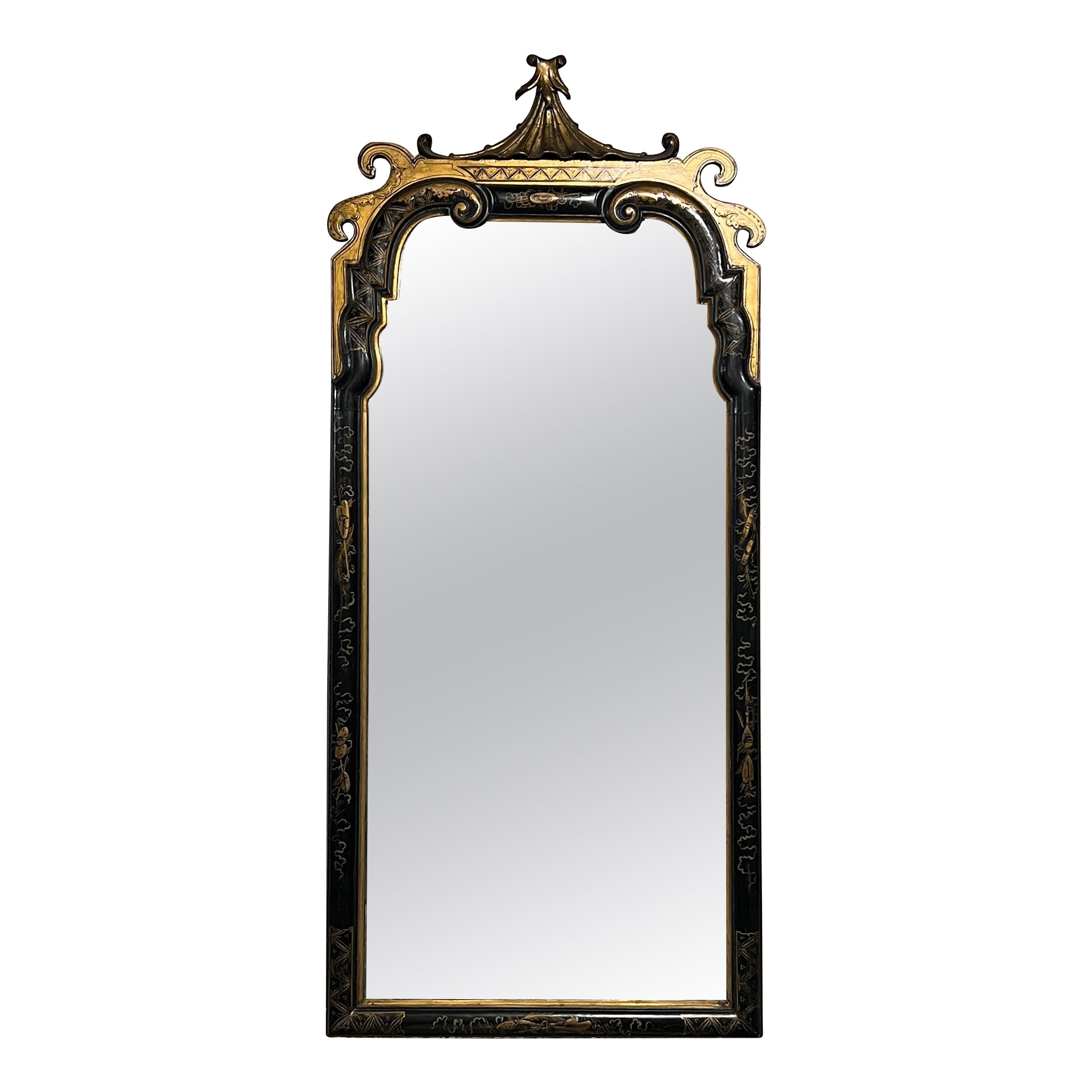 Antique English Chinoiserie Lacquer Mirror, Circa 1890-1910.