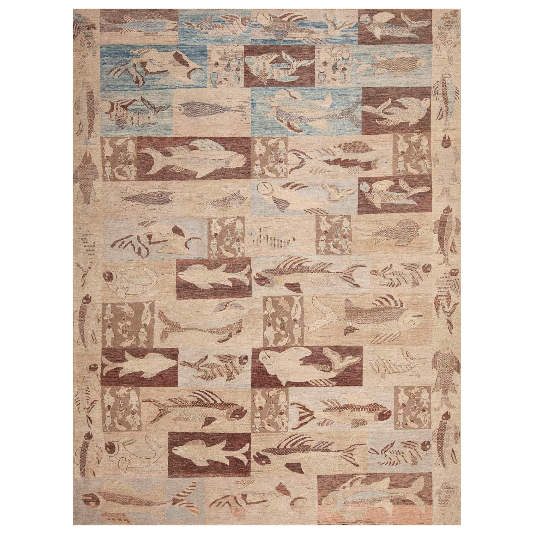 Nazmiyal Collection Artistic Aquatic Fish Design Modern Area Rug 9'9" x 13'2" For Sale