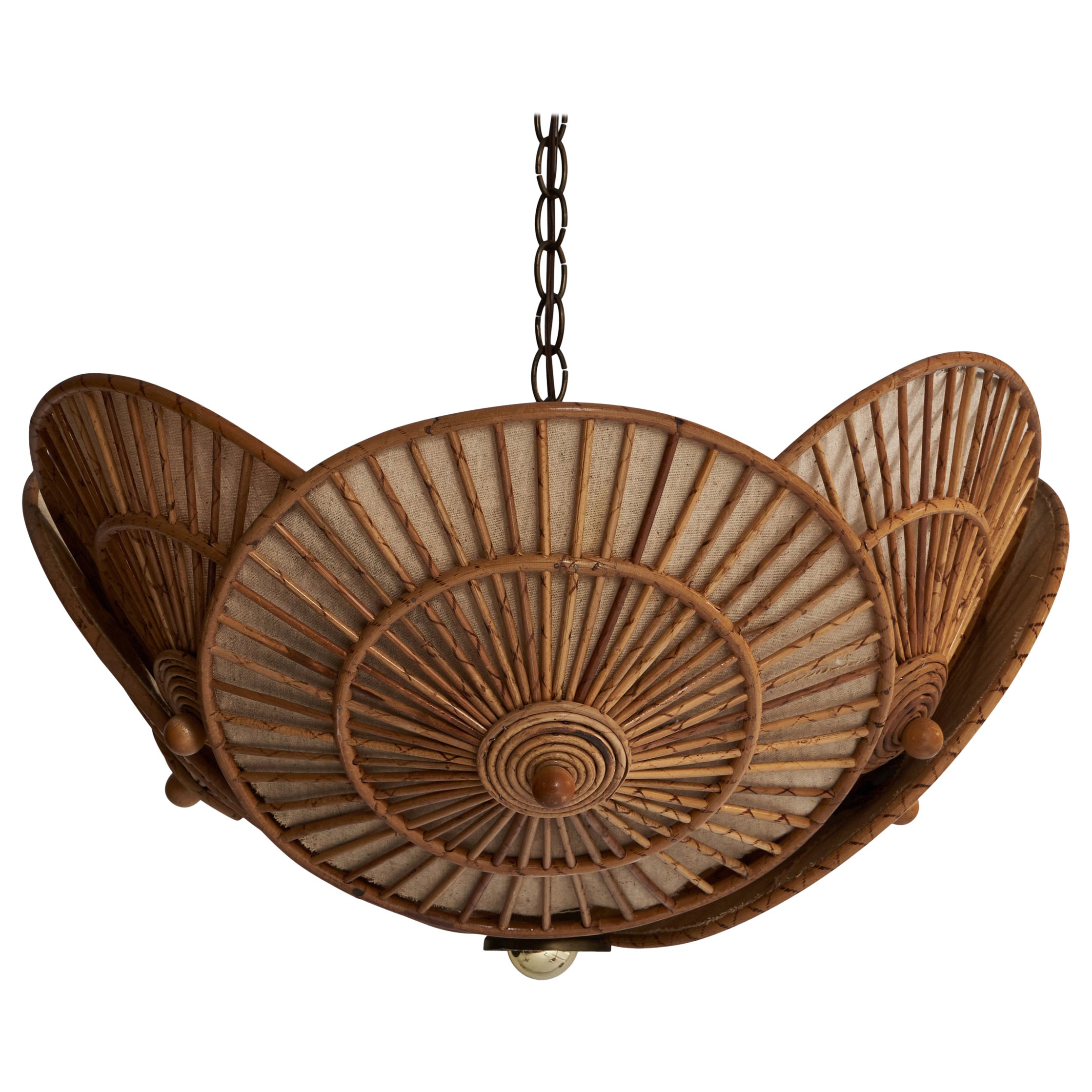 American Designer, Pendant Light, Bamboo, Wood, Raffia, USA, 1950s For Sale