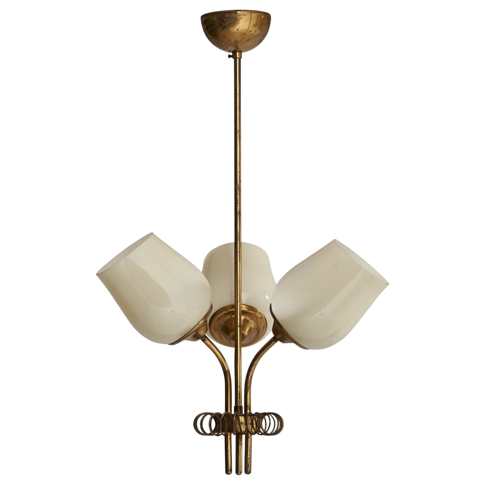 Finnish Designer, Chandelier, Brass, Glass, Finland, 1940s