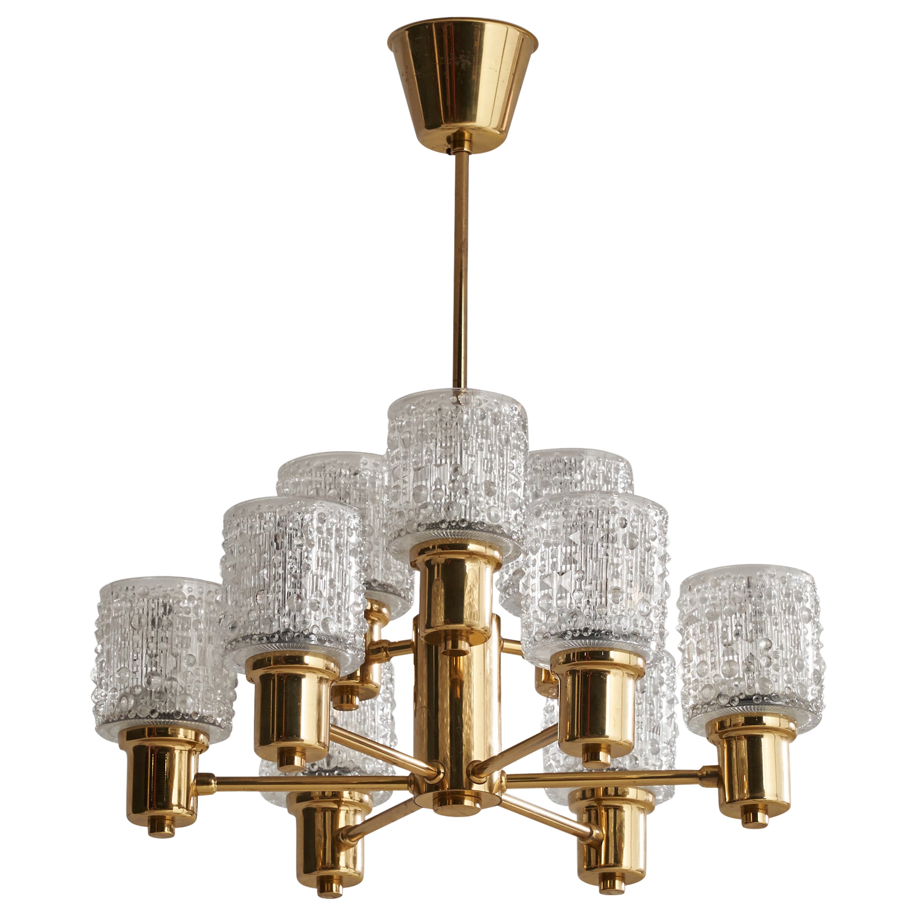 Swedish Designer, Chandelier, Brass, Glass, Sweden, 1960s