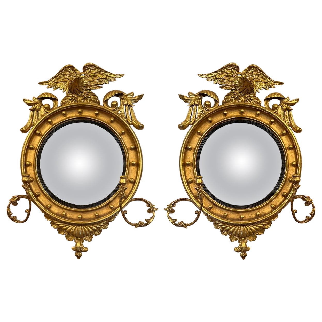 Rare Pair Antique American Federal Convex "Bullseye" Mirrors, Circa 1850-1870.