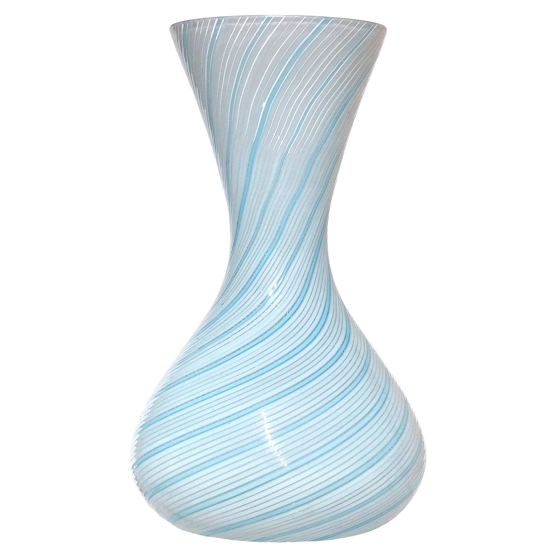 Dino Martens Murano 1950s White Sky Blue Ribbons Italian Art Glass Flower Vase For Sale