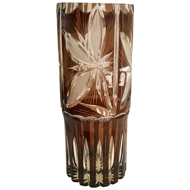 Mid Century Modern Argentinian Cut Crystal Amber Brown Vase For Sale at