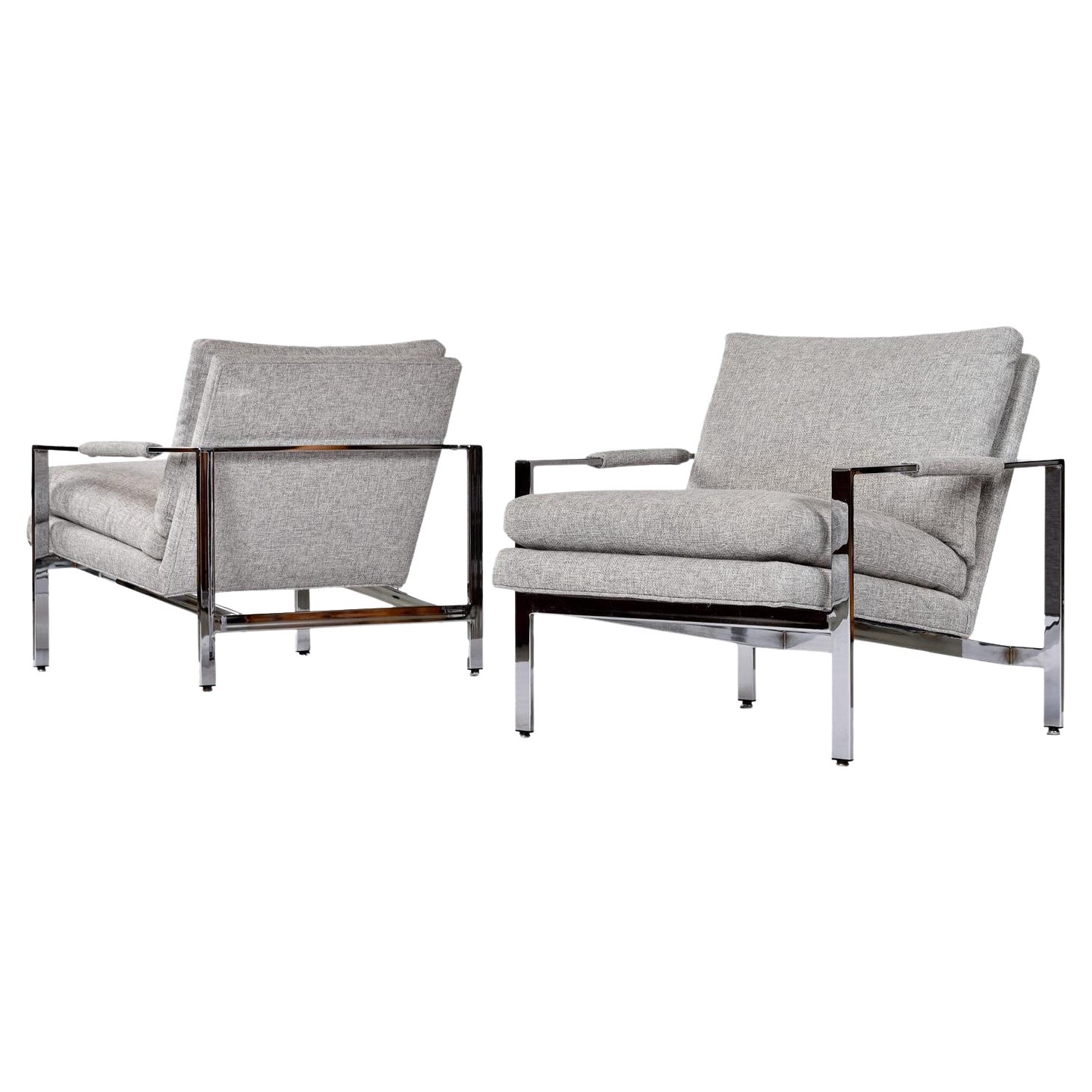 Milo Baughman For Thayer Coggin 951 Flat Bar Chrome Lounge Chairs in Grey Tweed For Sale