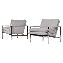 Retro Milo Baughman For Thayer Coggin 951 Flat Bar Chrome Lounge Chairs in Grey Tweed