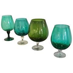 Four Handblown in Multi-Green Hues Large Brandy Snifters, Vases 9