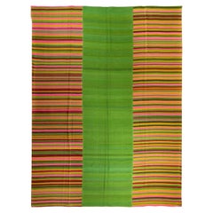 9.5x12 Ft Modern Green Double Sided Turkish Kilim Rug with Colorful Stripes