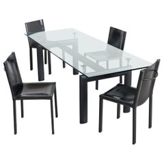 Set of Le Corbusier LC6 Table & 4 Matteo Grassi Chairs in Black Leather 1990s