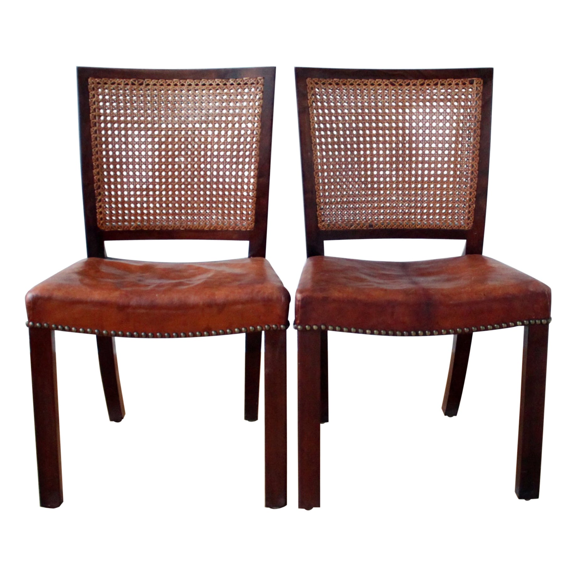 Rare pair of Mahogany, Niger Leather and Woven Cane Chairs, Denmark 1930s For Sale