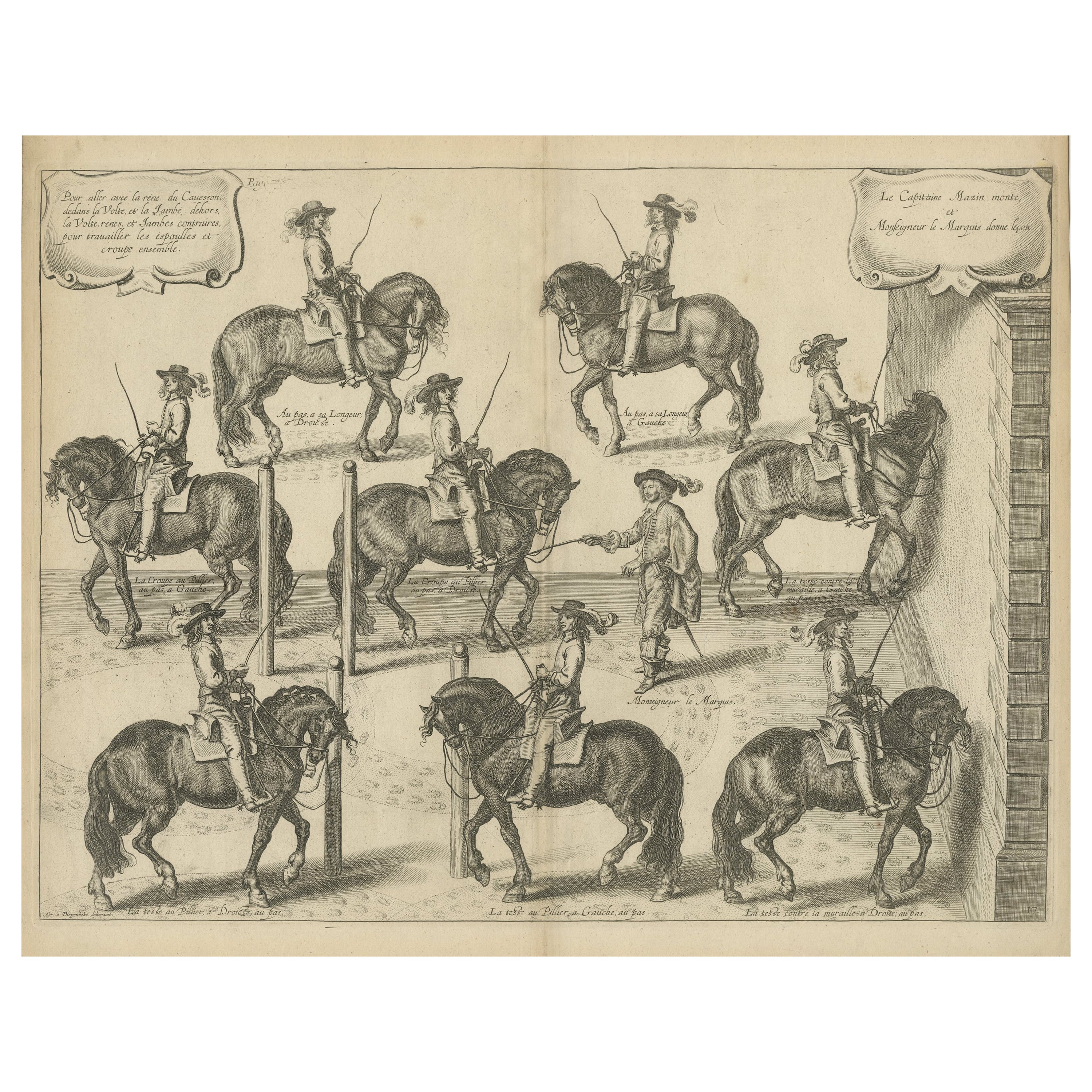 Original Antique Engraving: Duke of Newcastle Instructing Horse Dressage, 1743 For Sale