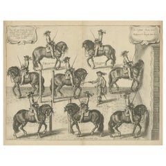 Gravure ancienne originale : Le Duke de Newcastle enseignant le dressage des chevaux, 1743