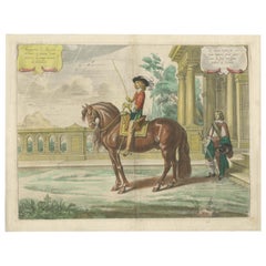 Original handkolorierter antiker Kupferstich mit Pferdedruck im Reiterstil, 1743 
