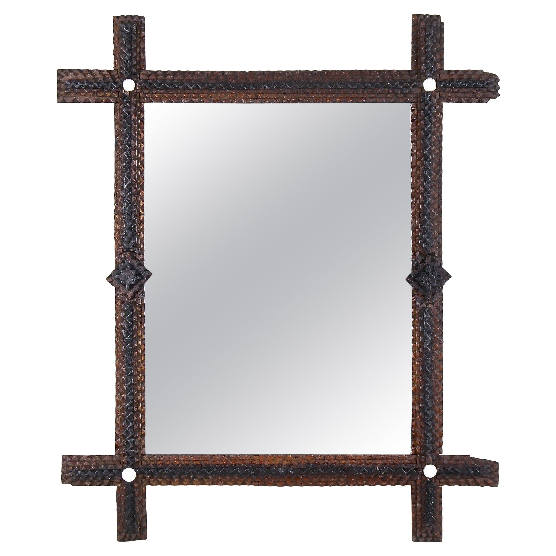 Rustic Tramp Art Wall Mirror, Basswood Handcarved, Austria circa 1870 For Sale