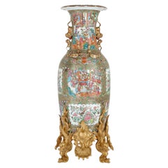 Antique Large Chinese Canton Famille Verte Ormolu Mounted Porcelain Vase