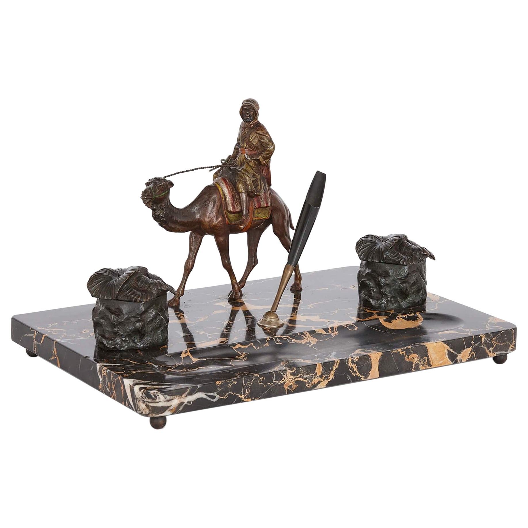 Orientalist Cold-Painted Bronze and Marble Inkstand