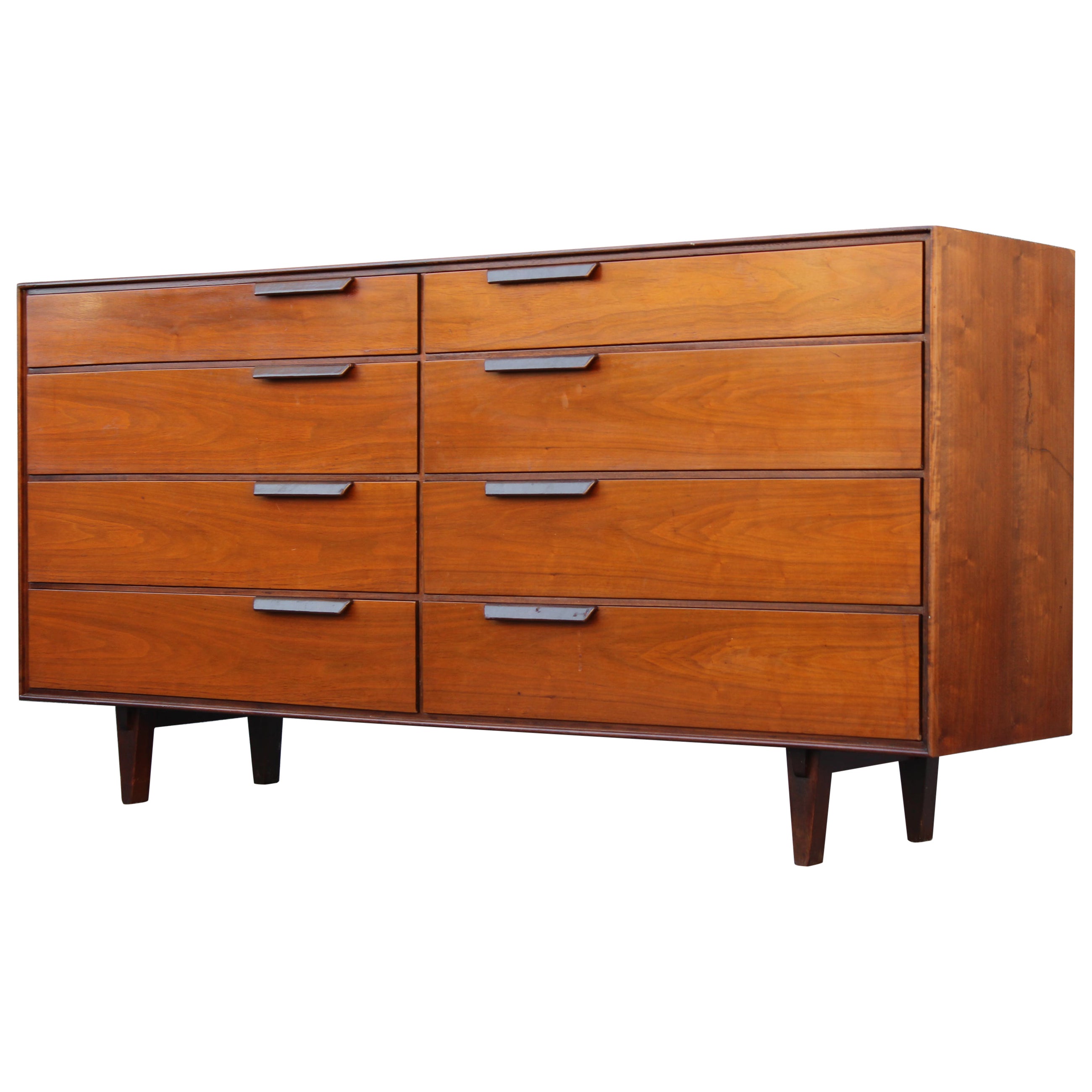 Restored Edward Wormley Dunbar Walnut & Leather 8-Drawer Dresser or Cabinet For Sale