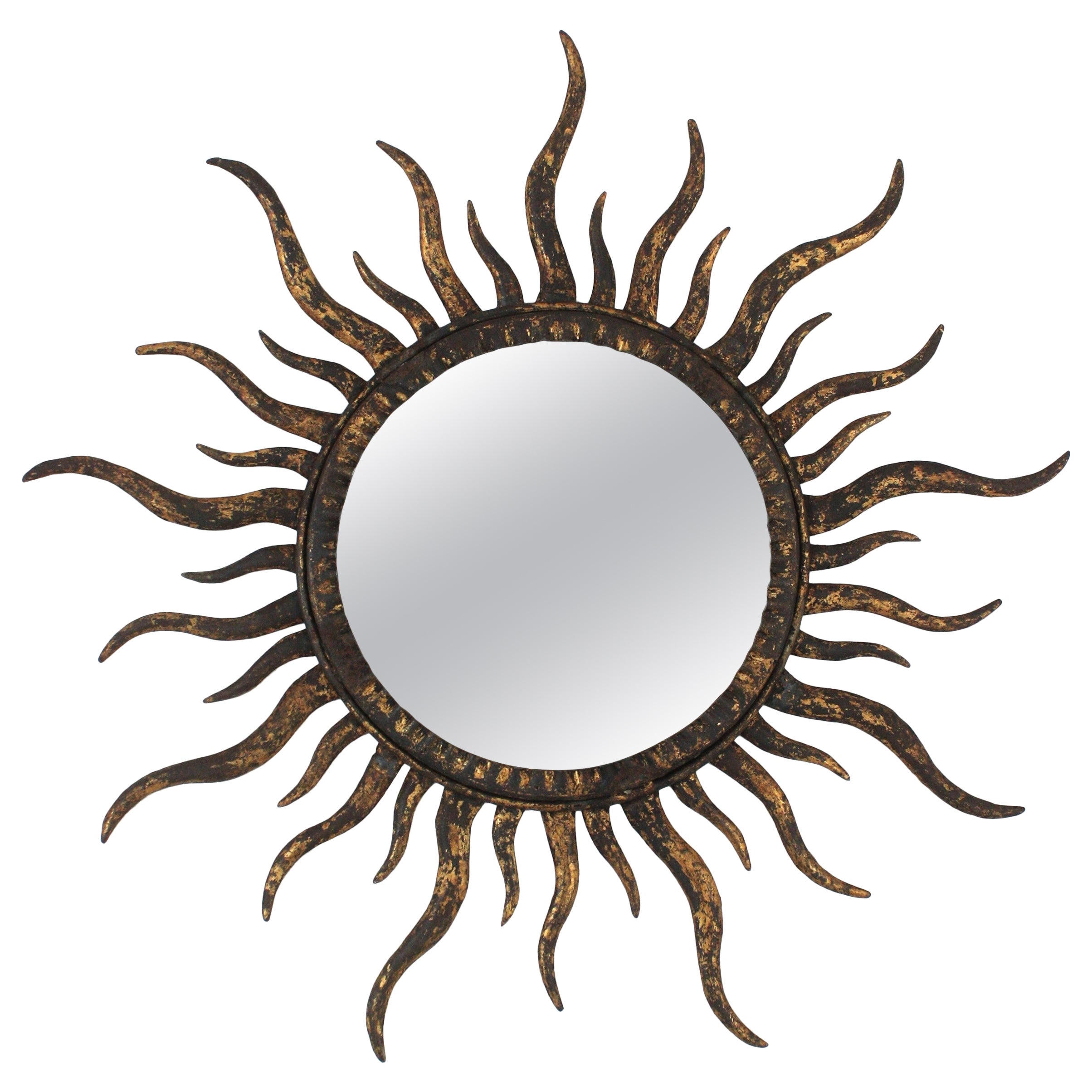 Sunburst Mirror in the Style of Gilbert Poillerat, Gilt Metal For Sale