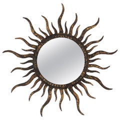 Vintage Sunburst Mirror in the Style of Gilbert Poillerat, Gilt Metal