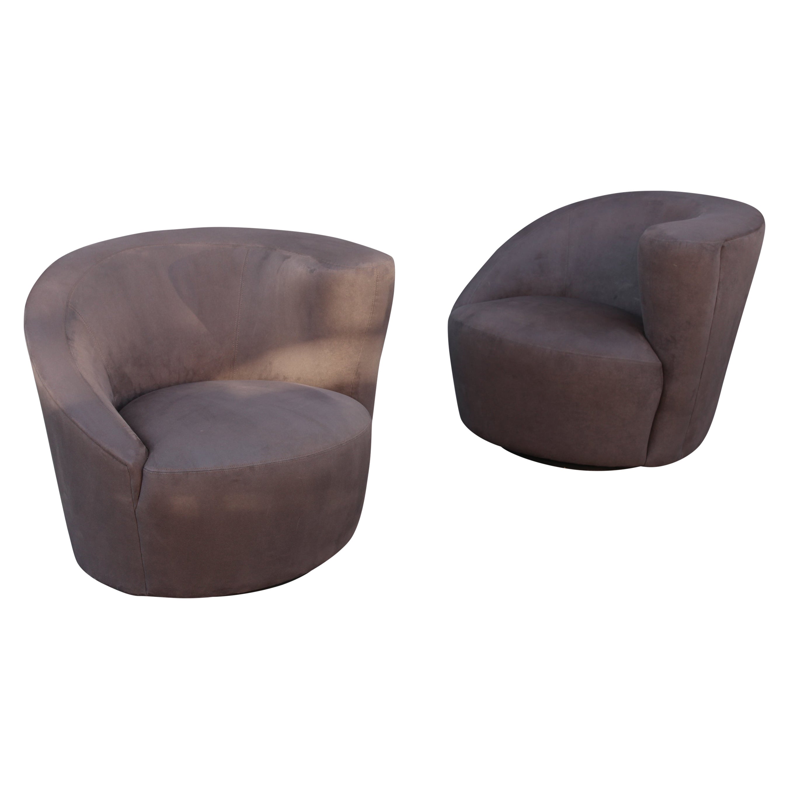 Pair Vladimir Kagan Directional Nautilus Corkscrew Matching Grey Swivel Chairs For Sale