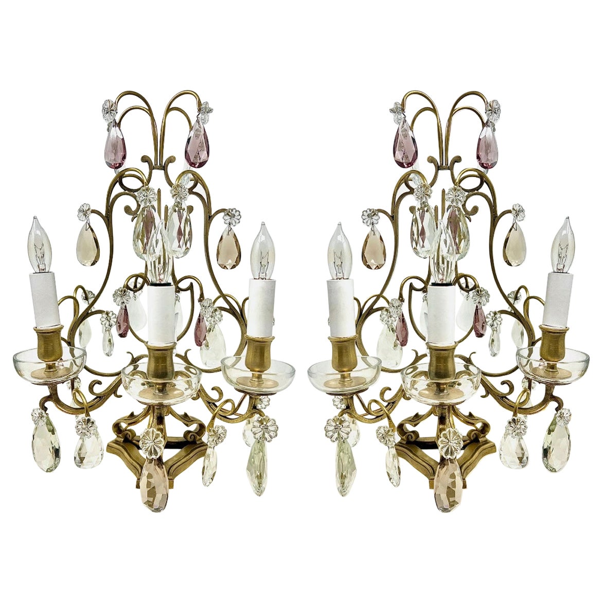 Pair Antique French Gold Bronze and Cut Crystal Girandoles, Circa 1870-1880. For Sale