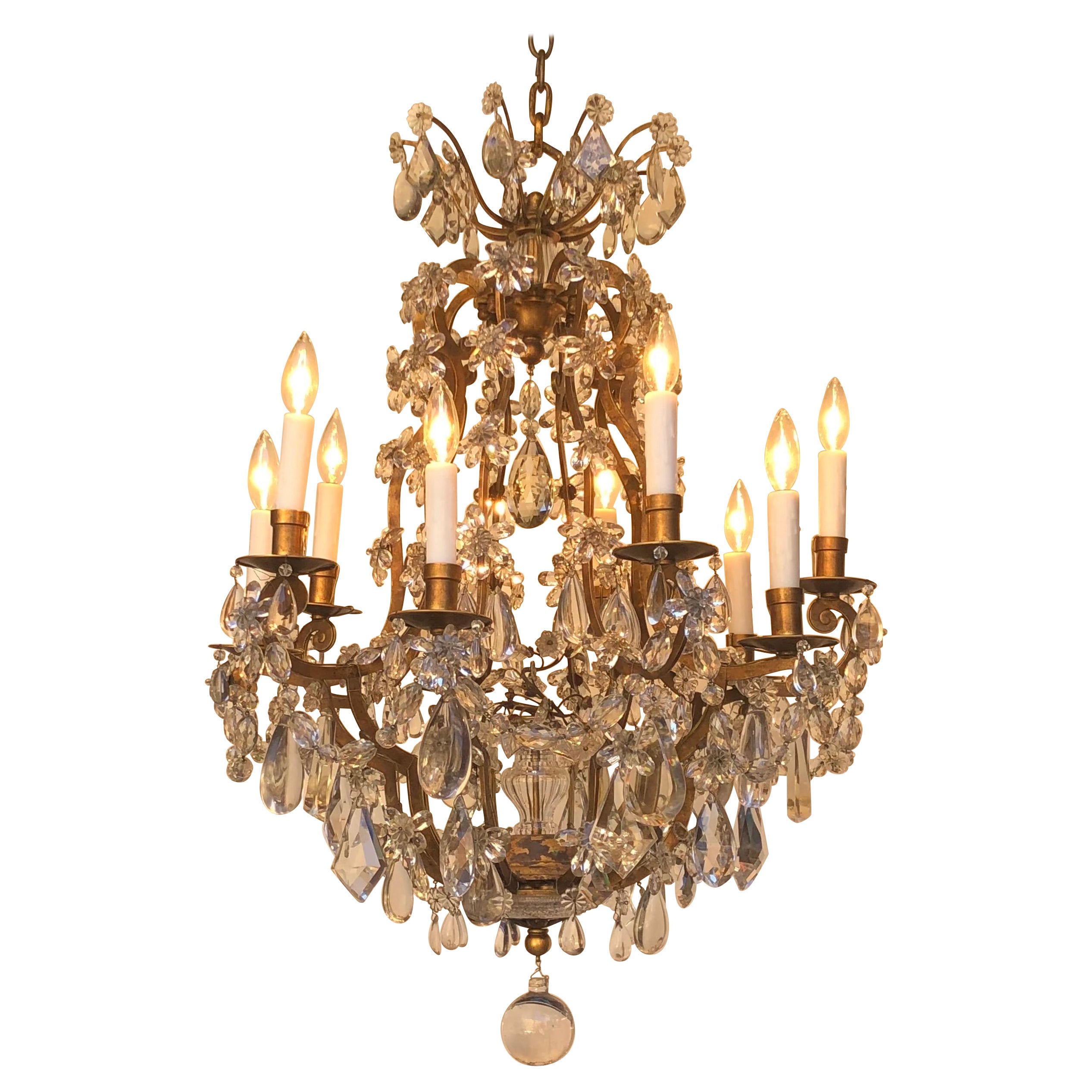 Maison Baguès attributed, Wrought Iron Gilt & Crystal 10 Light Chandelier For Sale