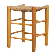 Mid-Century Charlotte Perriand Inspired Oak Dining Height Stool with Rush Seat