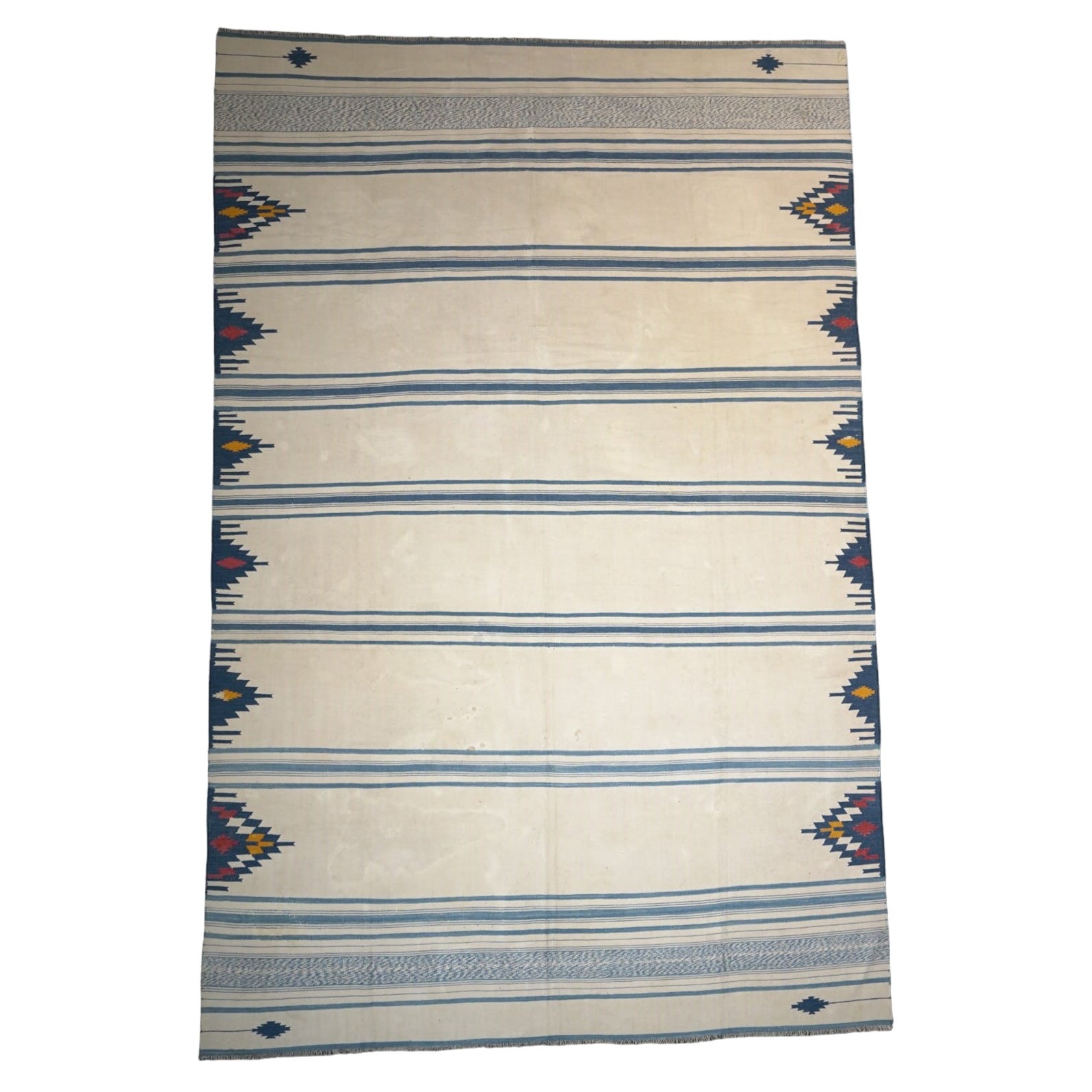 Vintage Dhurrie Rug in Blue and Beigewith Stripes, from Rug & Kilim For Sale