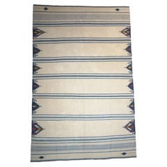 Retro Dhurrie Rug in Blue and Beigewith Stripes, from Rug & Kilim