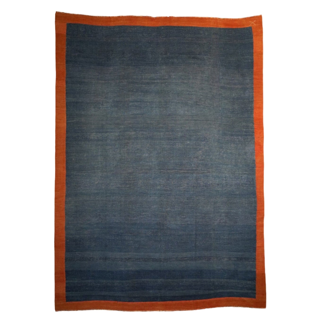Blauer Vintage-Dhurrie-Teppich mit rostfarbener Bordüre von Rug & Kilim