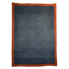 Blauer Vintage-Dhurrie-Teppich mit rostfarbener Bordüre von Rug & Kilim