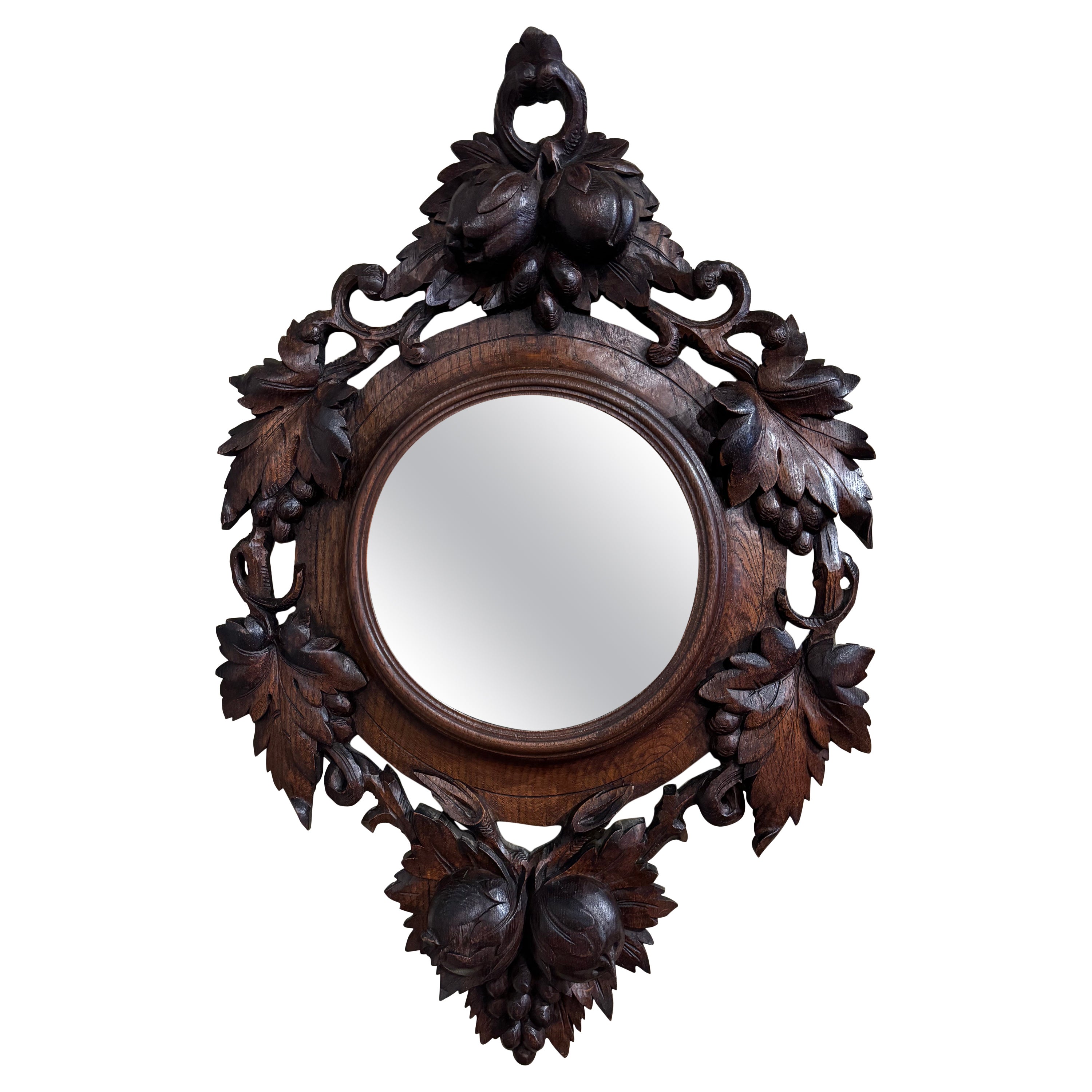 19th Century French Black Forest Carved Oak Wall Mirror with Fruit Motifs