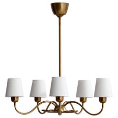 Vintage Hans Bergström Attribution, Chandelier, Brass, Fabric, Sweden, 1940s