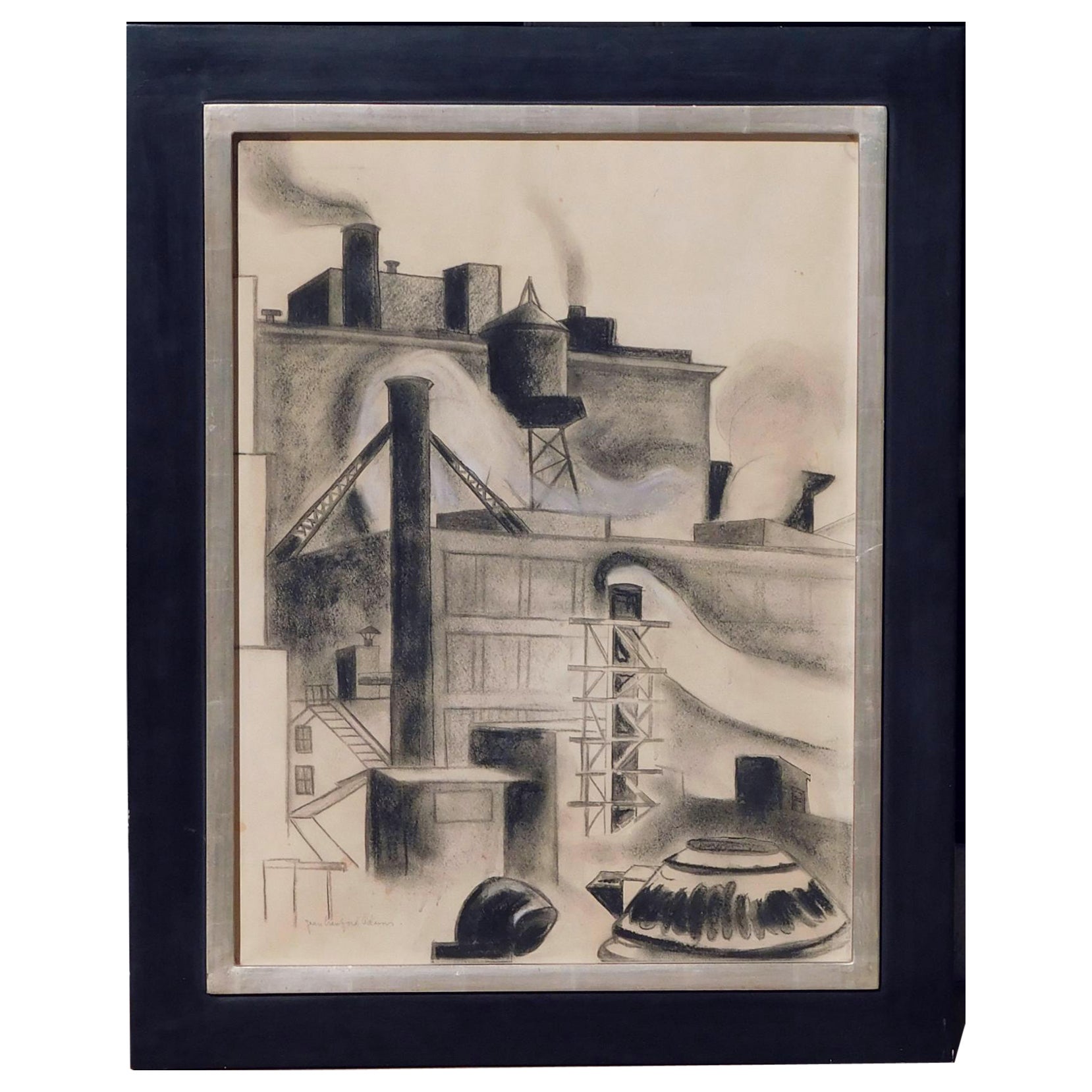 Jean Crawford Adams Original Charcoal Drawing - Chicago Industrial Subject For Sale