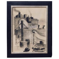 Jean Crawford Adams Original Charcoal Drawing - Chicago Industrial Subject