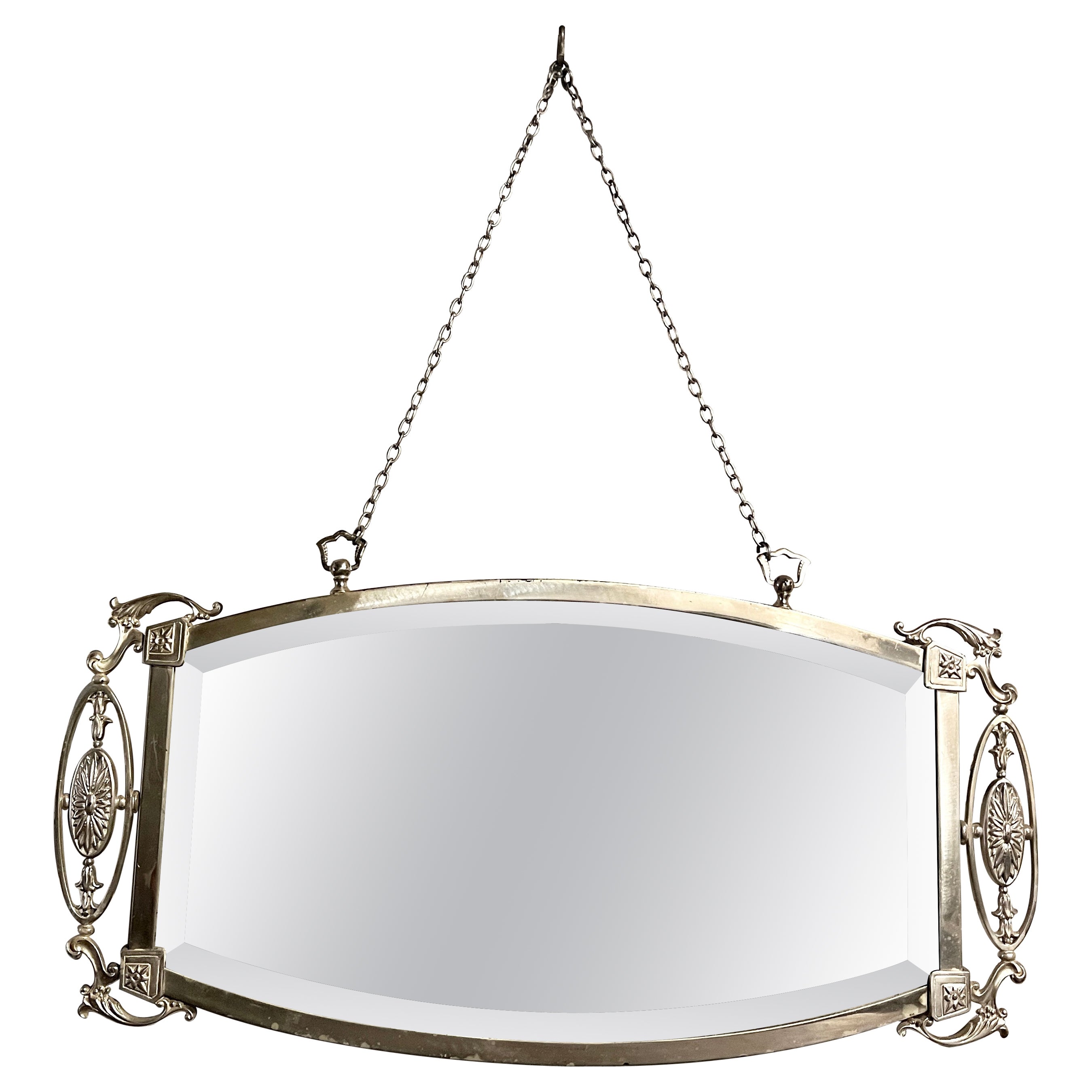 Antique English Art Deco Silvered Bronze Mirror with Hand Beveling, Circa 1920. For Sale