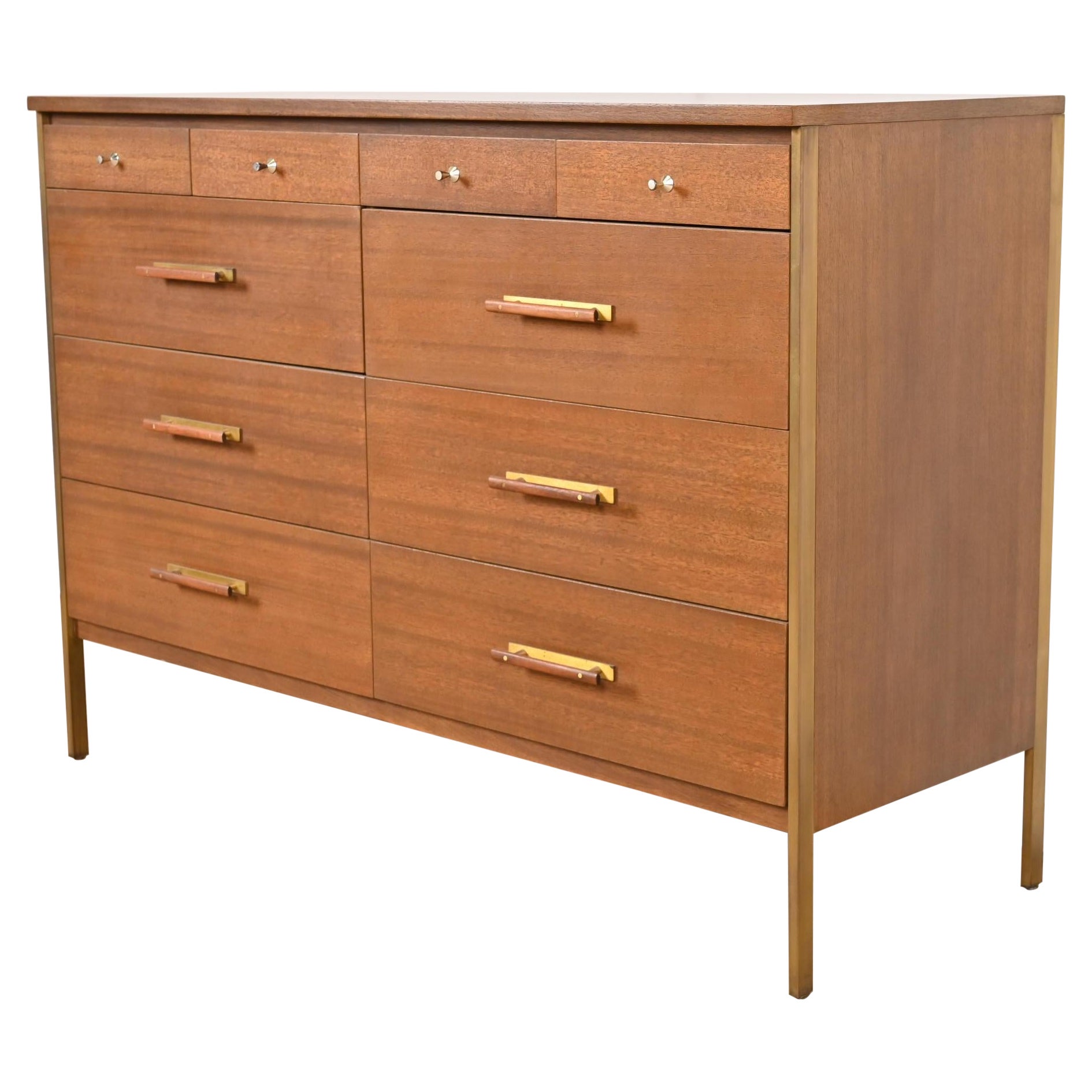 Paul McCobb for Directional Mahogany and Brass Ten-Drawer Dresser, Refinished For Sale