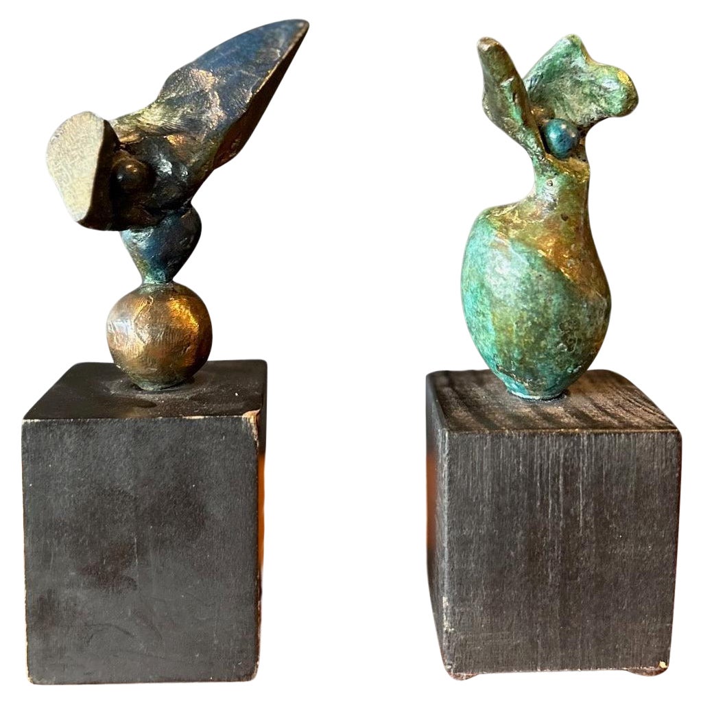 Donald Locke 1970s Sculpture Pair in Bronze & Wood  For Sale
