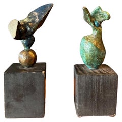 Donald Locke 1970s Sculpture Pair in Bronze & Wood 