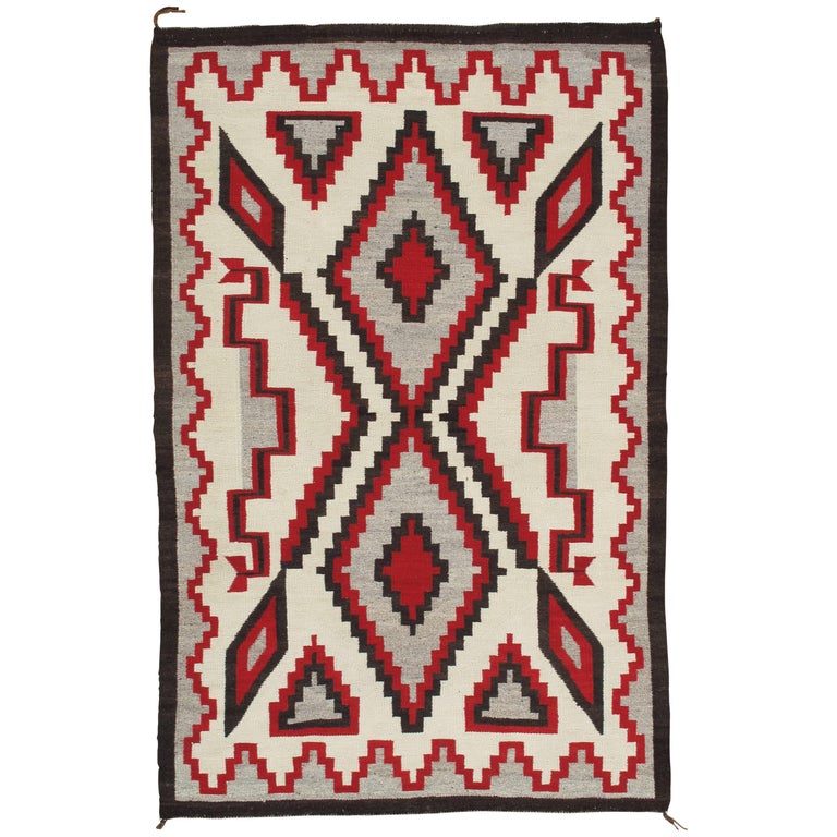 Vintage Navajo Carpet, Oriental Rug, Handmade Wool Rug, Red, Black, Ivory, Bold For Sale