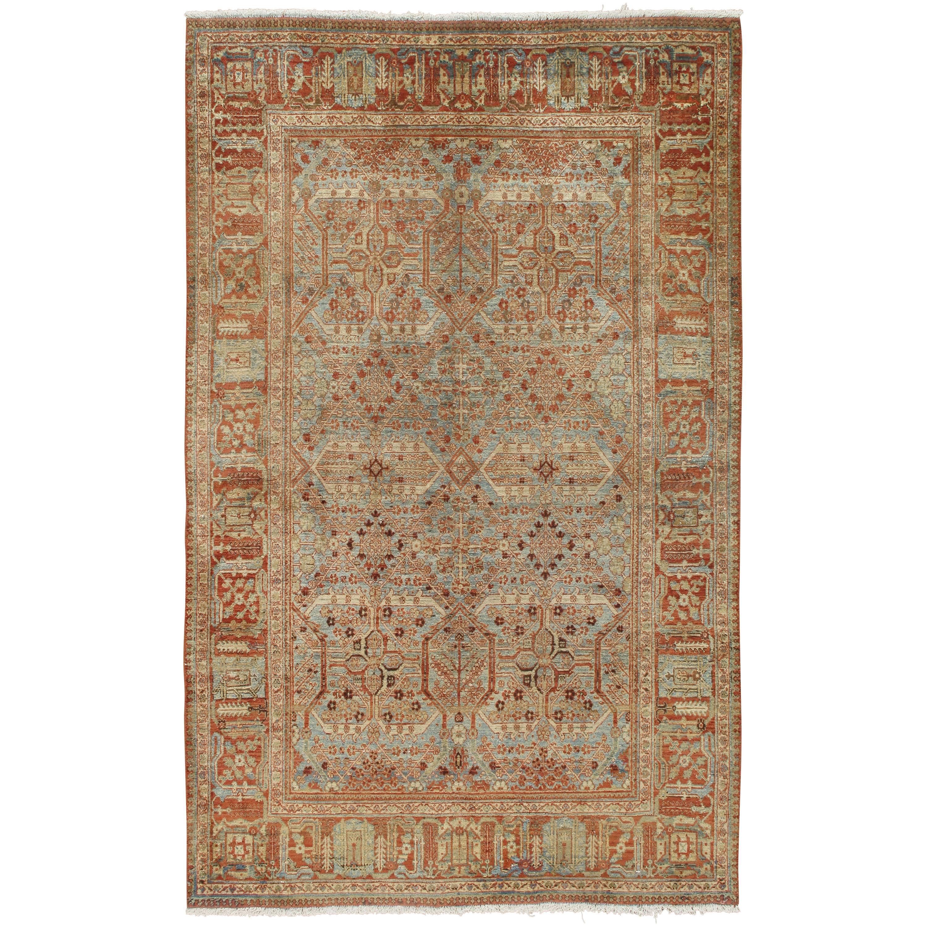 Antique Tabriz Rug, Handmade Oriental Rug in Terracotta, Light Blue and Taupe