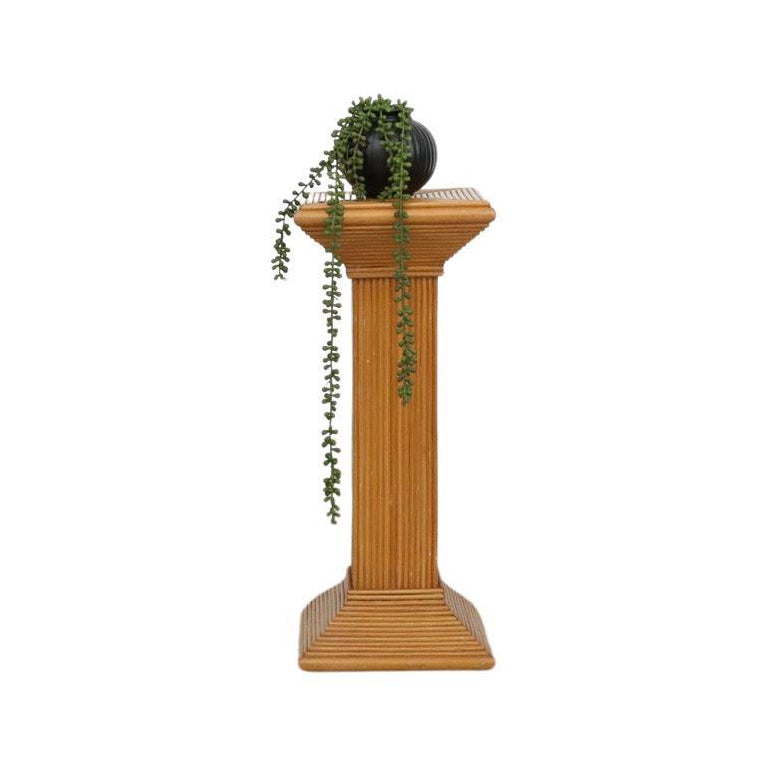 Art Deco Rattan Pedestal Plant Stand with Inlaid Geometrical Pattern For Sale