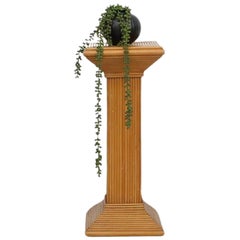 Art Deco Style Rattan Pedestal Plant Stand with Inlaid Geometrical Pattern
