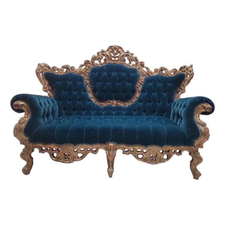 Antique Italian Rococo Carved Tufted Wedding Sofa Newly Upholstered in Mohair For Sale