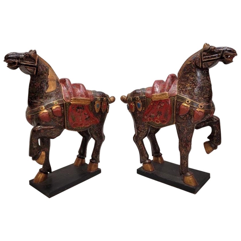 Vintage Tang Dynasty Style Carved and Hand Painted War Horse Floor Statues Sculp For Sale