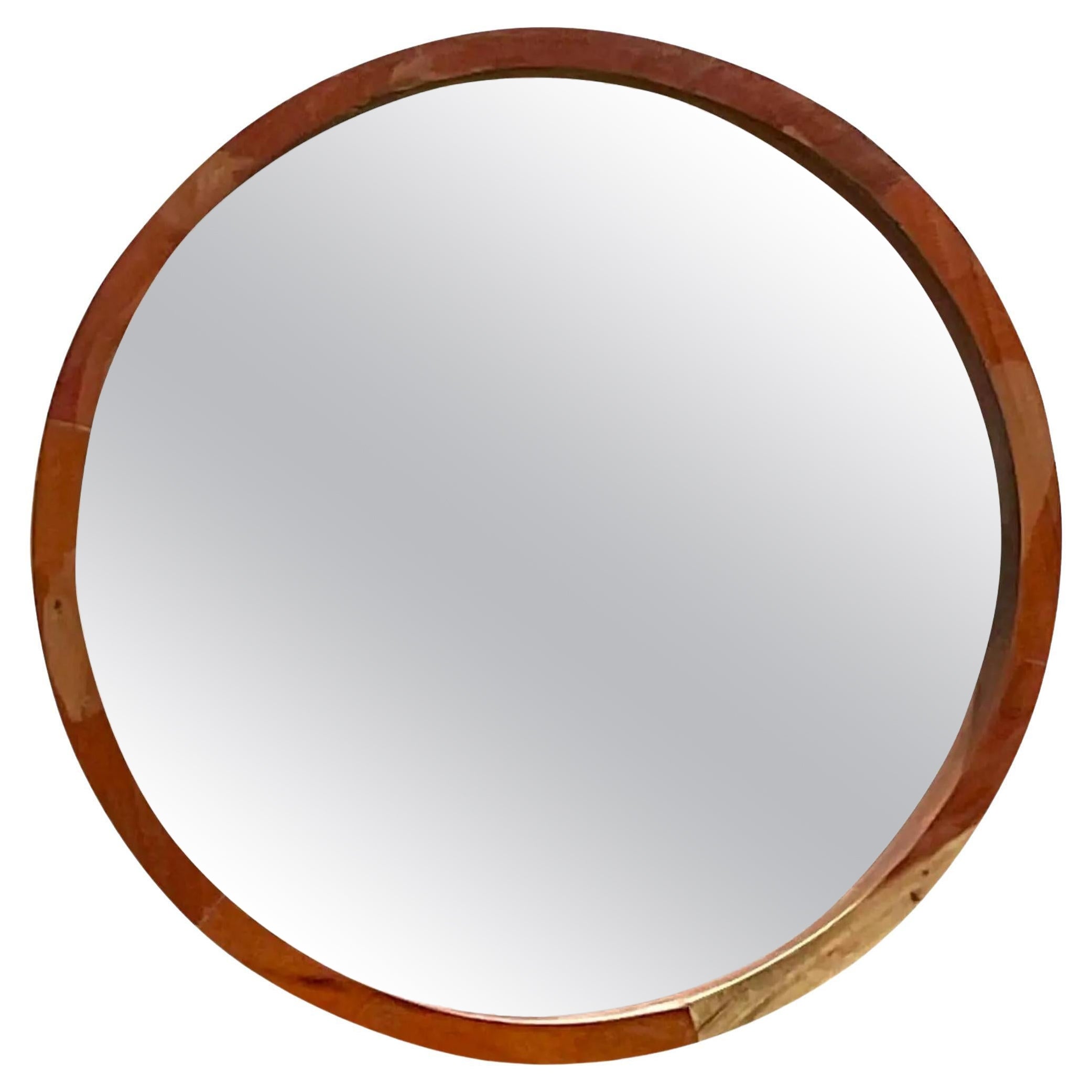 Vintage Boho Round Wooden Mirror For Sale