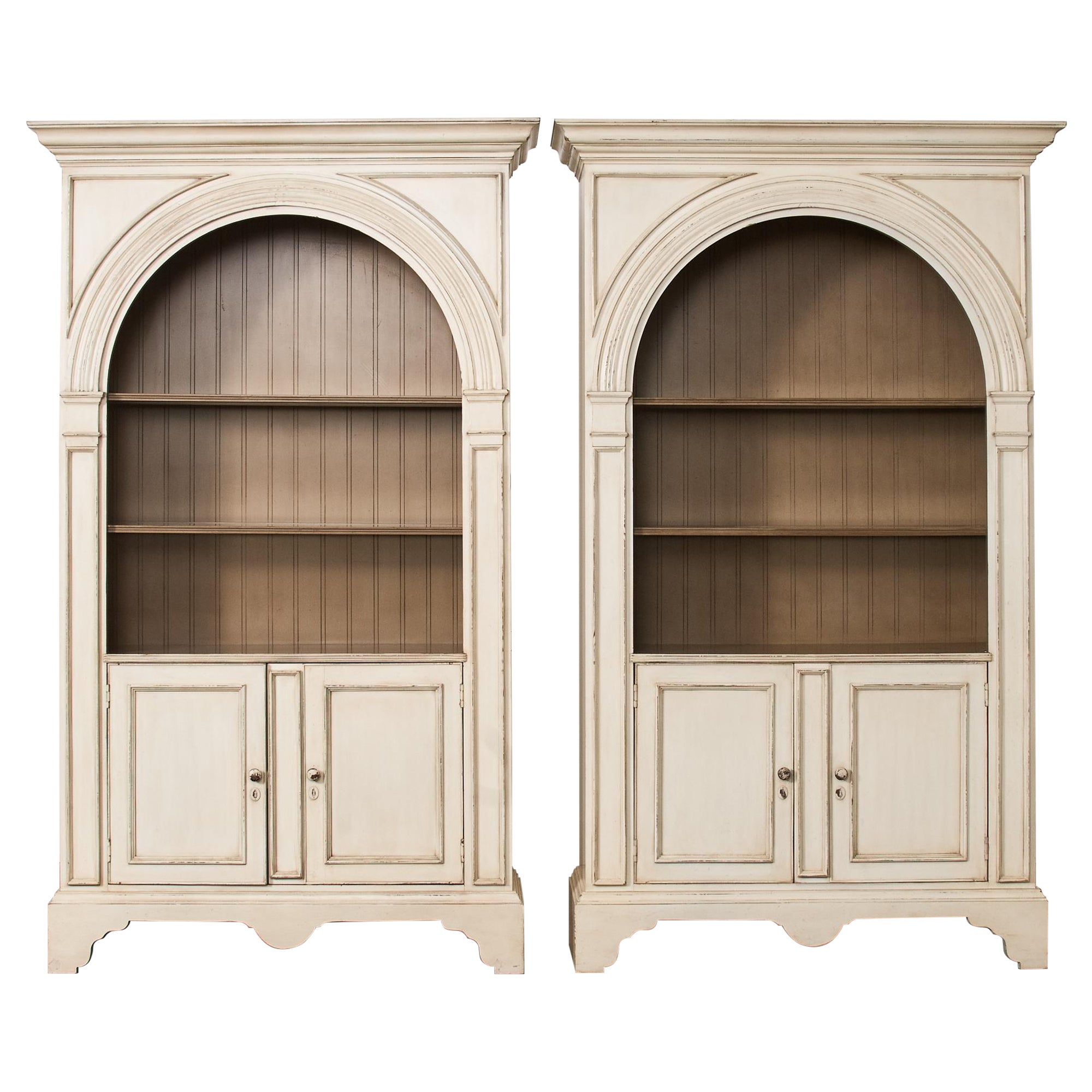 Pair of Baker Architectural Neoclassical Style Painted Library Bookcases For Sale