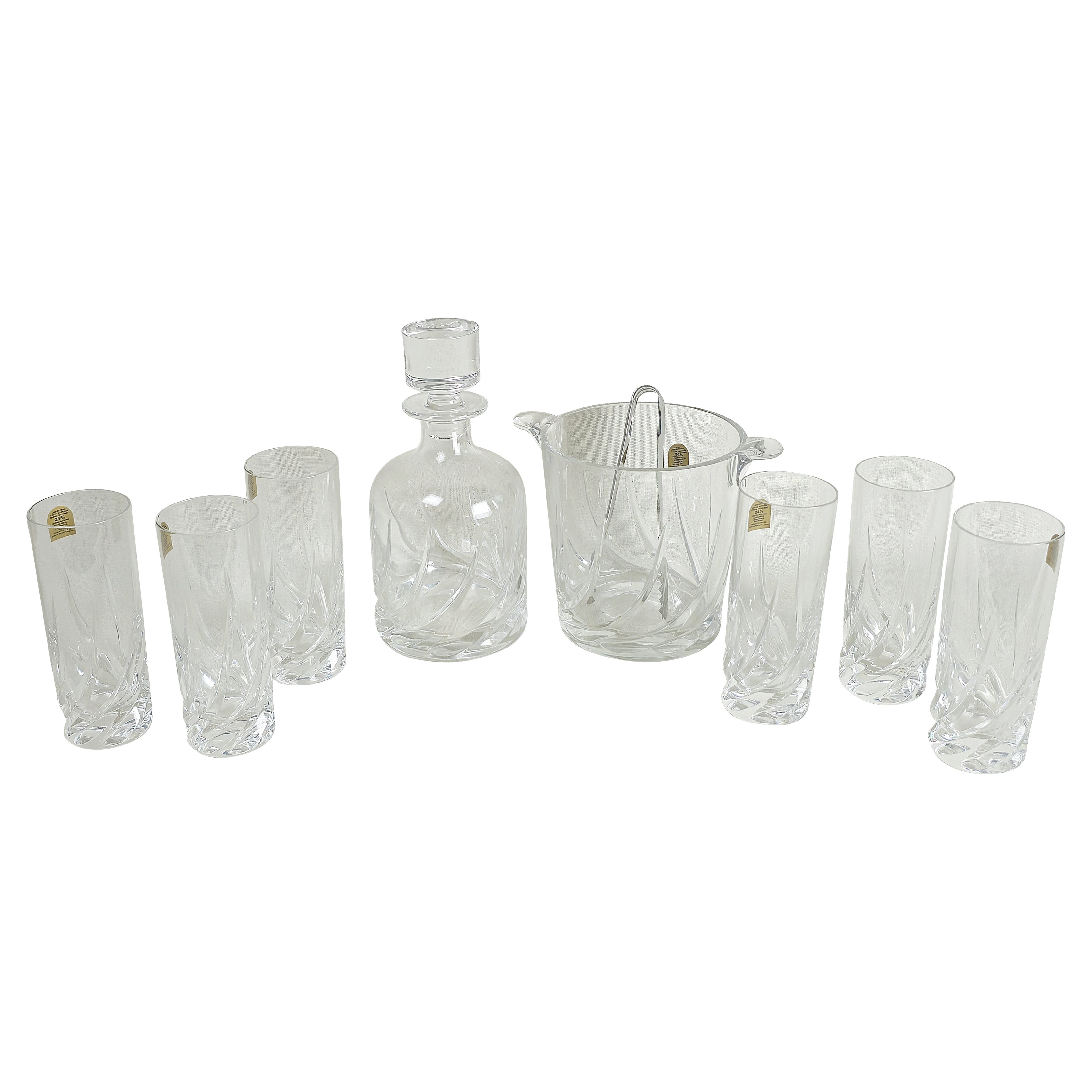 Crystal Serveware Glasses Bottle Ice Bucket Da Vinci Modern Italy 1990s Set of 8 For Sale