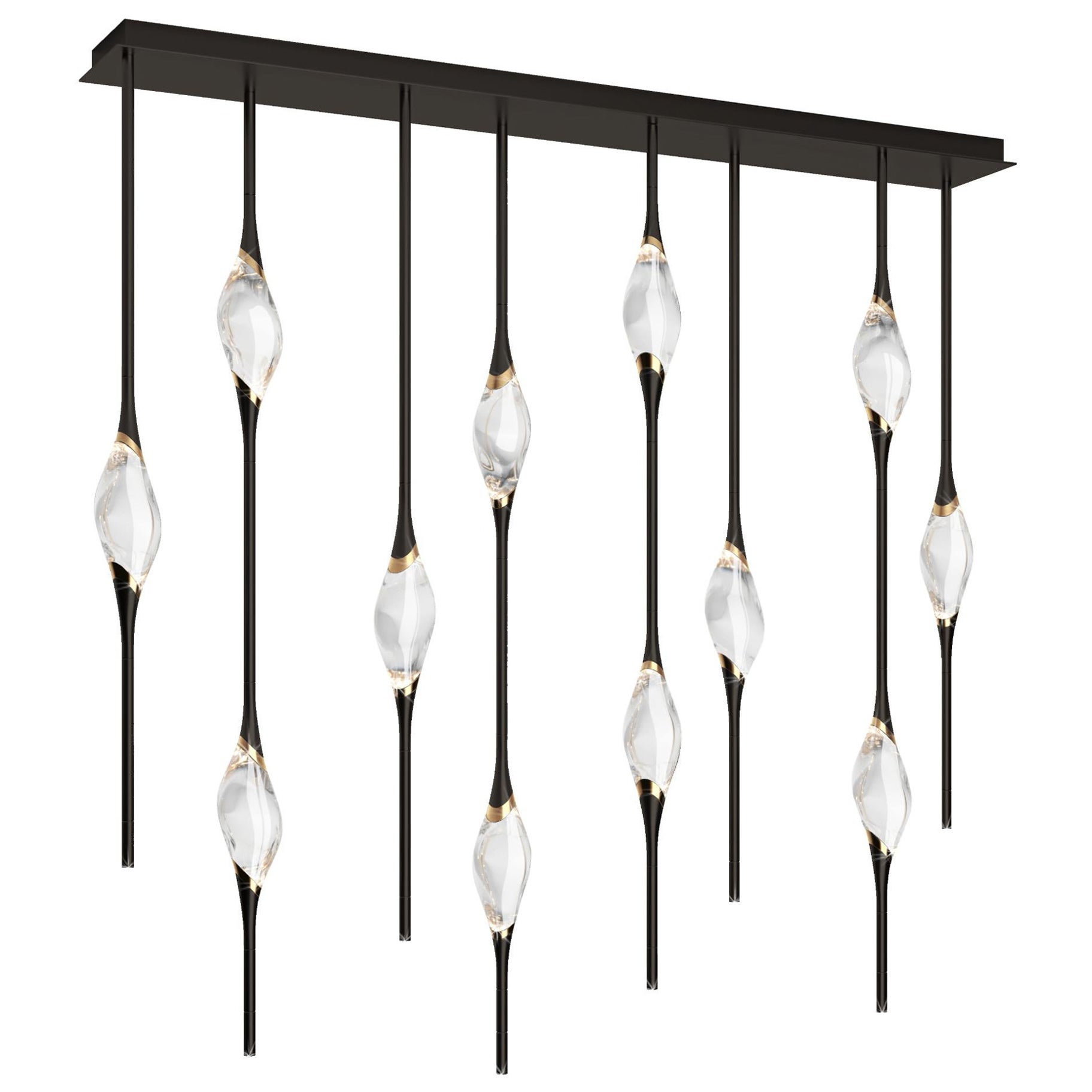 "Il Pezzo 12 Staggered Chandelier" - length 150cm/59” - black and polished brass en vente